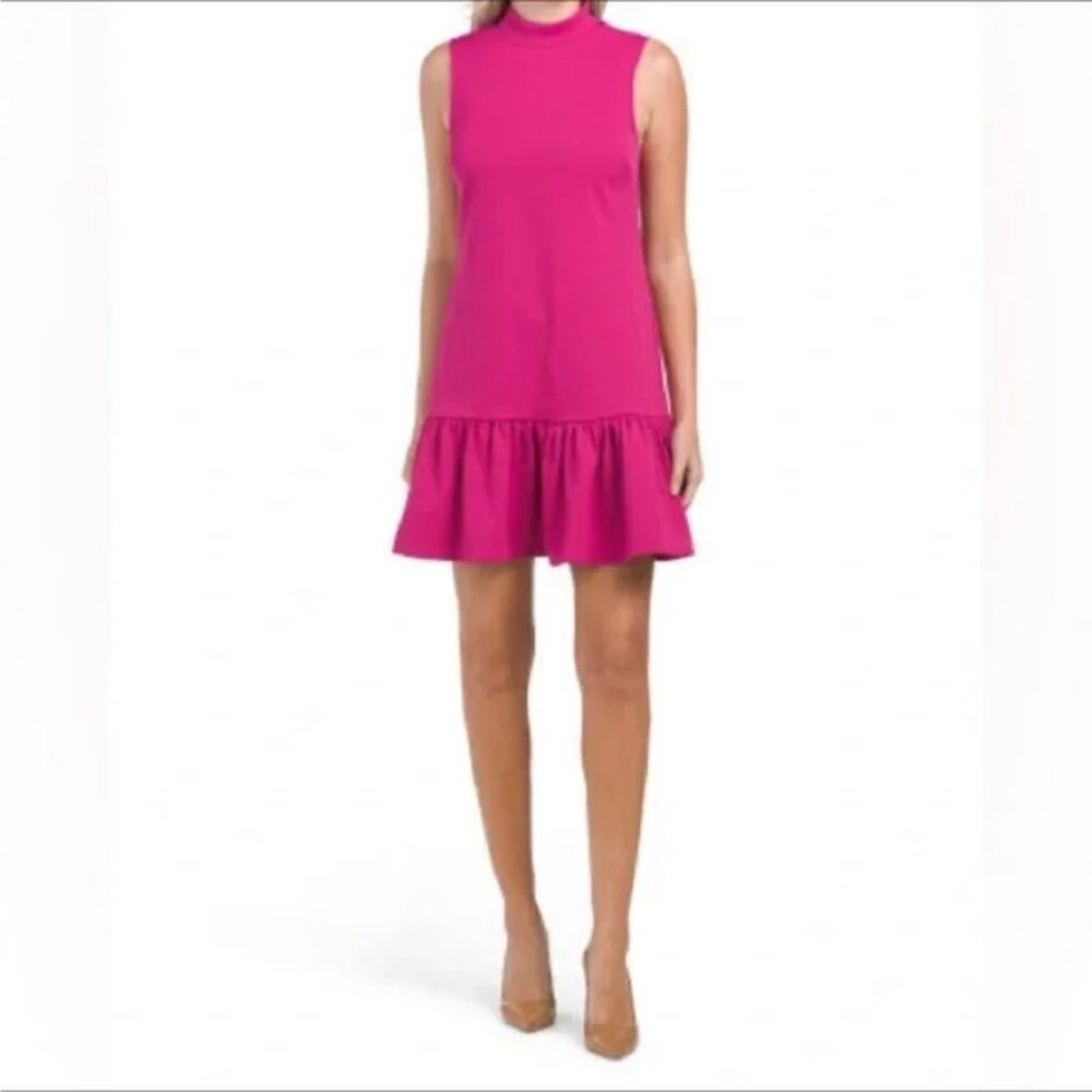 Trina Turk Maia Mock Neck Ruffle Hem Dress Magenta Pink Size Large